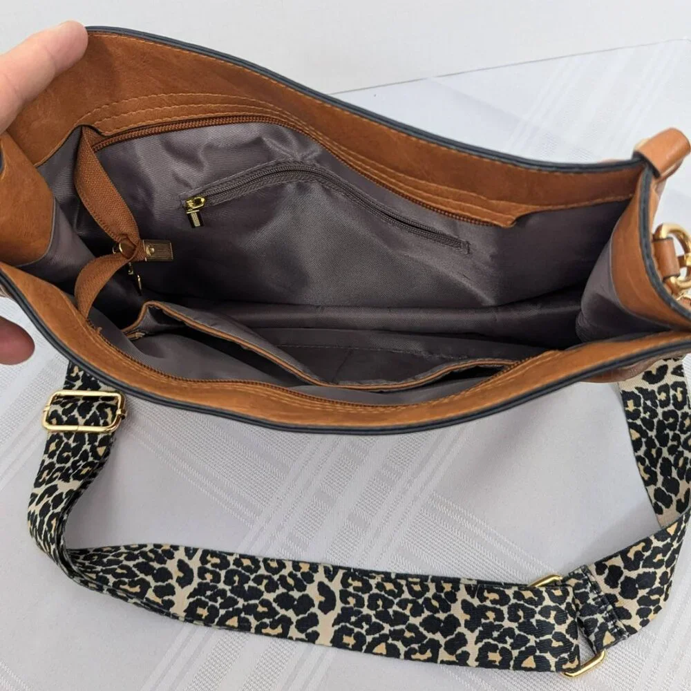 Leather crossbody Hobo style handbag - adjustable leopard print shoulder strap